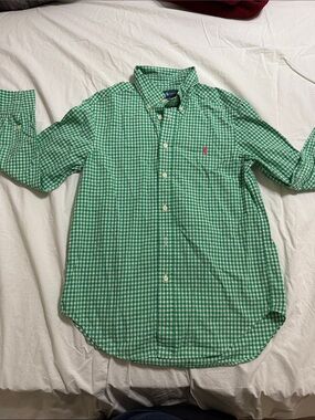 Ralph Lauren Green Gingham Button-Down Shirt with Pink Pony